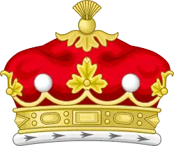 Illustration of a coronet shown from the side with three strawberry leaves and two silver balls visible