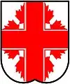 Argent, a cross cottised by eight demi maple leaves, stalks inwards, gules