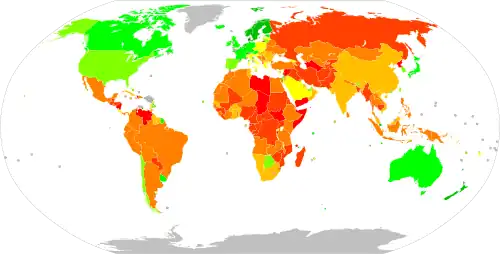 Image 9A map depicting Corruption Perceptions Index in the world in 2022; a higher score indicates lower levels of perceived corruption.  100 – 90  89 – 80  79 – 70  69 – 60  59 – 50  49 – 40  39 – 30  29 – 20  19 – 10  9 – 0  No data (from Political corruption)