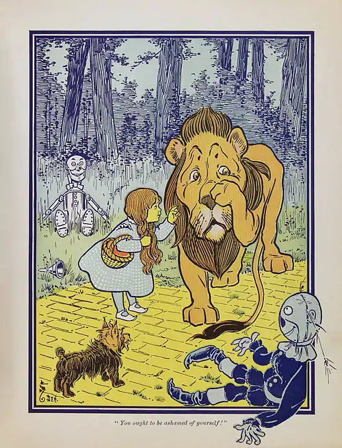 Image 6The Wonderful Wizard of OzArtist: William Wallace DenslowAn illustration from the first edition of The Wonderful Wizard of Oz, depicting the scene where Dorothy meets the Cowardly Lion, the first time the four major characters of the novel come together. The book was originally published in 1900 and has since been reprinted countless times, most often under the name The Wizard of Oz, which is the name of both the 1902 Broadway musical and the extremely popular, highly acclaimed 1939 film version. Thanks in part to the film it is one of the best-known stories in American popular culture and has been widely translated. Its initial success, and the success of the popular 1902 musical Baum adapted from his story, led to his writing and having published thirteen more Oz books.More selected pictures