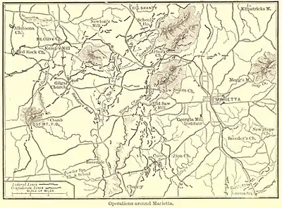 Map is labeled "Operations around Marietta" from the Atlanta campaign 1864.