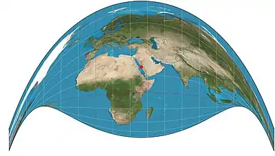 Image 3Craig retroazimuthal projectionMap: Strebe, using GeocartThe Craig retroazimuthal is a modified cylindrical map projection created by James Ireland Craig in 1909. It preserves the direction from any place to one other, predetermined place while avoiding some of the distortion of the Hammer retroazimuthal projection. This projection is sometimes known as the Mecca projection because Craig, who had worked in Egypt as a cartographer, created it to help Muslims find the qibla.More selected pictures