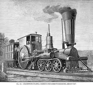 A woodcut drawing of a 6-2-0 locomotive owned by the Camden and Amboy in 1847