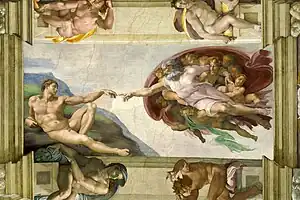 Image 23The Creation of Adam is one of the scenes on the ceiling of the Sistine Chapel of the Vatican, painted by Michelangelo sometime between 1508 and 1512. (from Culture of Italy)