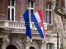 Image 56The flag of Croatia was hoisted together with the flag of Europe on the building of the Ministry of Foreign and European Affairs in Zagreb as a symbol of Croatia's membership in both the Council of Europe and the European Union (from History of Croatia)