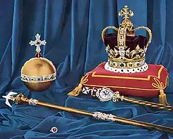 Primary Crown Jewels of the United Kingdom, with Sovereign's Orb at upper left (in late 1952 before the coronation of Elizabeth II)