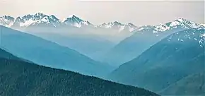 Left to right: Crystal Peak, Chimney Peak, Elwha Valley, Mount Dana.View from Hurricane Ridge.