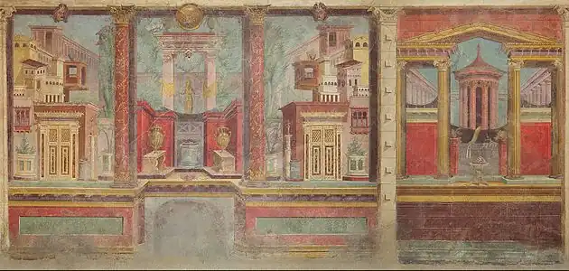 Restoration of a fresco from an Ancient Roman villa bedroom, circa 50-40 BC, dimensions of the room: 265.4 × 334 × 583.9 cm, in the Metropolitan Museum of Art (New York City)