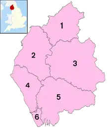 Image 19Local government districts 1974–20231. City of Carlisle2. Allerdale3. Eden4. Copeland5. South Lakeland6. Barrow-in-Furness  (from History of Cumbria)