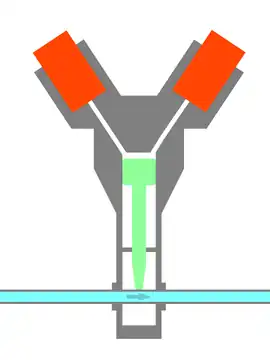 Normally open pyrovalve before activation. The fluid can still pass.