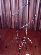 Simple boom stands. The rightmost one is specially configured to support a ride cymbal.