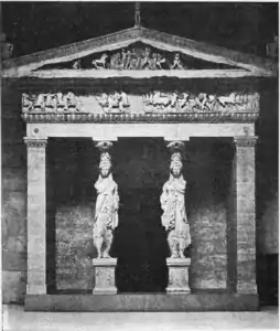 Ancient Greek caryatids of the Cnidian Treasury, c.550 BC, probably marble, Archaeological Museum of Delphi, Delphi, Greece