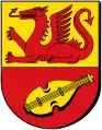 Coat of arms of the Alzey-Worms district, showing the Nibelung Dragon above Volker's fidla