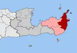 Areas of Itanos (red), Siteia (red and pink), and Lasithi (red, pink, and grey)