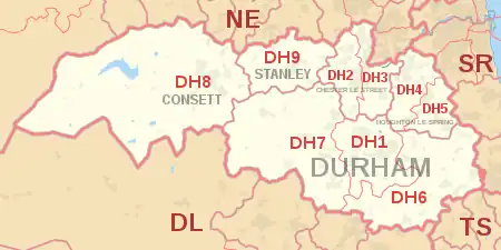 DH postcode area map, showing postcode districts, post towns and neighbouring postcode areas.