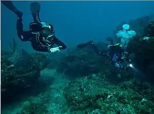 Two divers swim over a rocky reef in clear water. They are trimmed level and show good technique