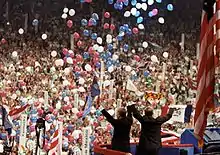 Carter and Mondale stand together at the end of the 1976 convention