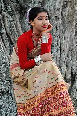 An Assamese girl wearing mekhela sador, 2010 and bindi on the centre of her forehead.