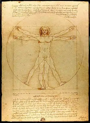 a picture of a man standing in two overlapping poses, so that he seems to have one head and trunk but four arms and four legs. In the first he stands in an X pose inside a circle, showing that his hands and feet touch the circle. In the second, he stands upright in a T pose inside a square, showing that his head, hands and feet all touch the same square