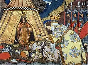 Tsar Dadon meets the Shemakha tsarevna (illustration to The Tale of the Little Golden Cockerel, 1906)