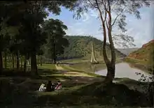 Painting of river, with a sailing boat on it, with trees and grassy areas to the left