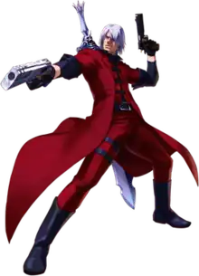 Render of a silver haired man wearing a red jacket. The hilt of his sword is visible while he points a pistol forward.