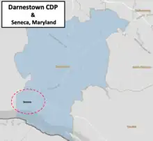 map showing Darnestown Census Designated Place with Seneca located in the south west corner near the Potomac River