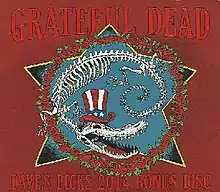 The skeleton of an alligator, wearing an Uncle Sam hat and encircled by a wreath of roses