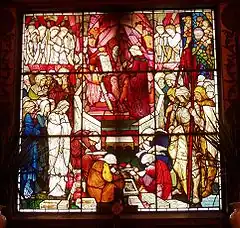 David's charge to Solomon shows the strongly linear design and use of flashed glass for which Burne-Jones' designs are famous. Trinity Church, Boston, US, (1882)