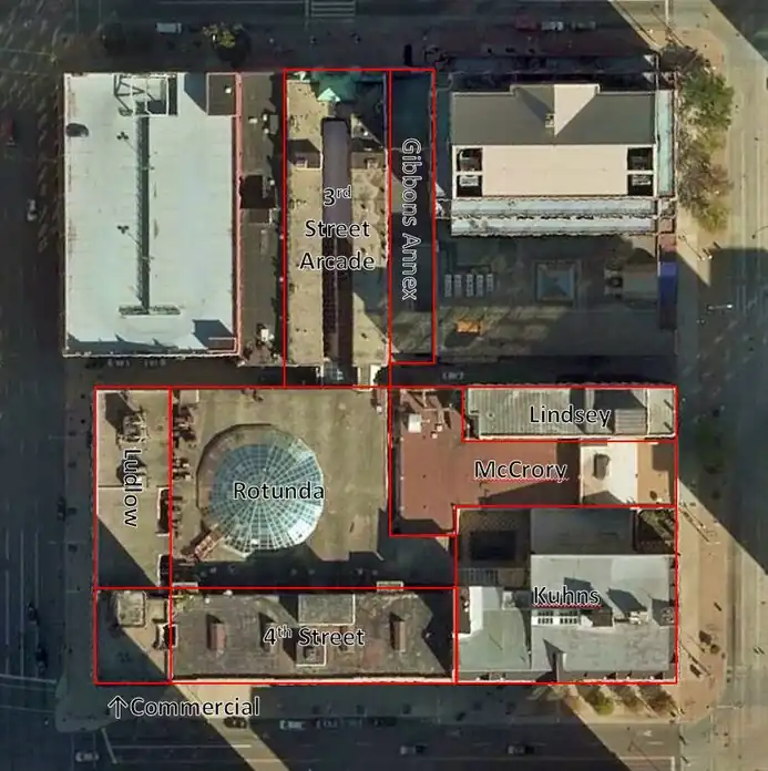 Layout of Dayton Arcade Buildings. Note that Kuhns is not interconnected.