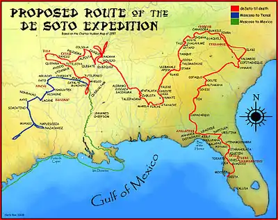 Image 3A map showing the proposed route of the de Soto Expedition, based on the 1997 Charles Hudson map (from History of North Carolina)