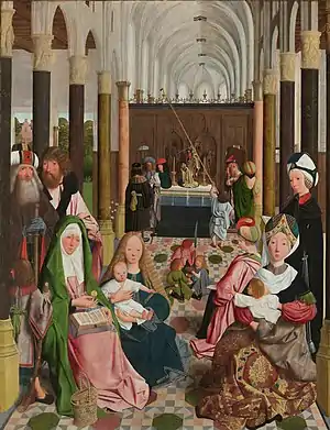 An oil painting of the Virgin Mary and her numerous relatives and offspring, set within a Gothic cathedral