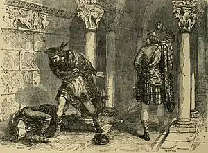 The killing of Comyn in the Greyfriars church in Dumfries, as imagined by Felix Philippoteaux, a 19th-century illustrator a highly inaccurate imagining as it shows them in kilts which were not worn by medieval Scots.