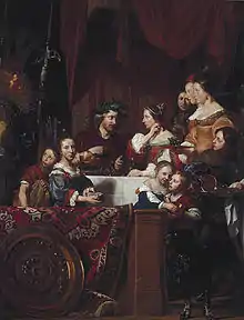 Jan de Bray (left) and his family pose as The Banquet of Anthony and Cleopatra.  By the date of this second version of 1669, most of the models had died of the plague some years before.