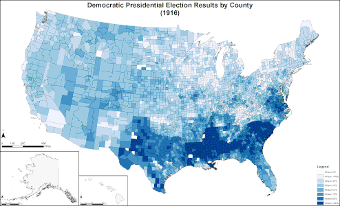 Results by county, shaded according to percentage of the vote for Wilson