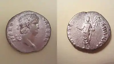 Coin of Emperor Nero showing the Colossus. Legend NERO CAESAR / AVGVSTVS GERMANICVS