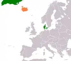 Map indicating locations of Denmark and Iceland