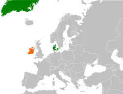 Map indicating locations of Denmark and Ireland