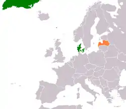 Map indicating locations of Denmark and Latvia