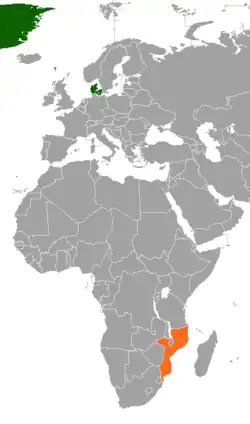 Map indicating locations of Denmark and Mozambique