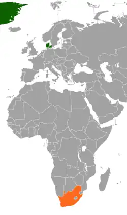 Map indicating locations of Denmark and South Africa