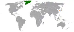 Map indicating locations of Denmark and South Korea