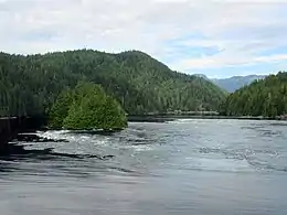 Dent Rapids, which flows east to west between the mainland coast and Sonora Island