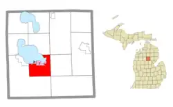 Location within Roscommon County and the administered CDPs of Prudenville (1) and portion of Houghton Lake (2)