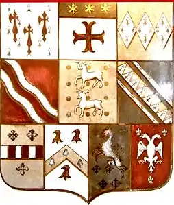 Heraldic quarterings of Robert Dennis, on stone escutcheon at Livery Dole