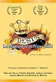 film poster; upon a yellow background, a large red illustrated heart has a sash across it with the word "Desi's" and a crown atop it.