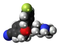 Space-filling model of the desmethylcitalopram molecule