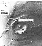 Great amounts of water were required to carry out the erosion shown in this Viking image.  Image is located in Lunae Palus quadrangle.  The erosion shaped the ejecta around Dromore.