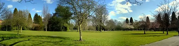 Flat grassy area dotted with various kinds of trees