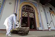 Traditional Ethiopian musicians playing their instruments outside the palace.